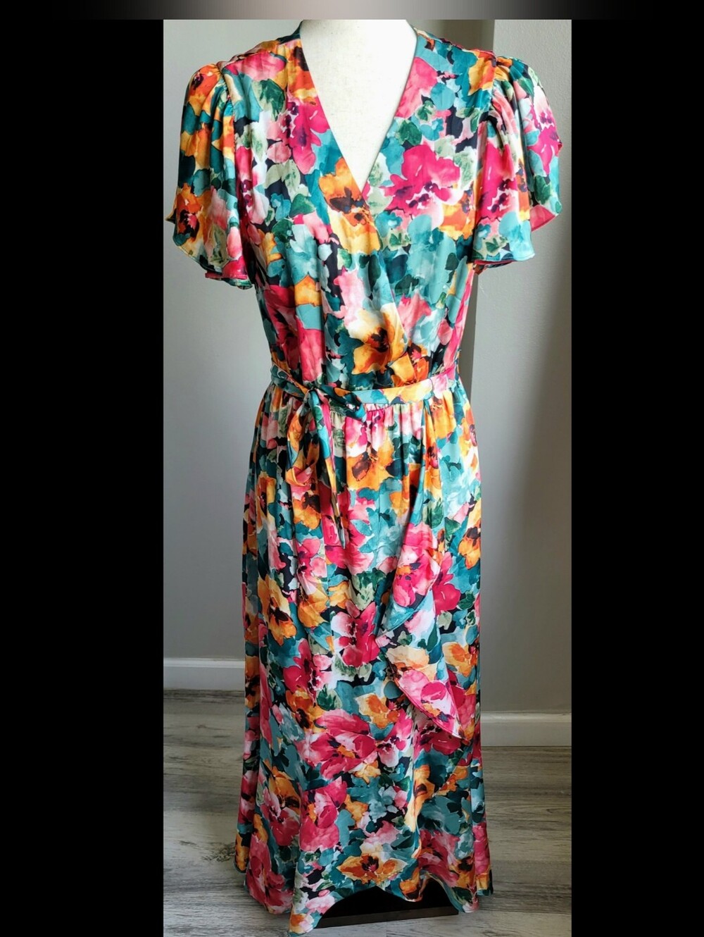 Nicole Miller New York Floral Wrap Maxi Dress Women's M Watercolor Print Belted